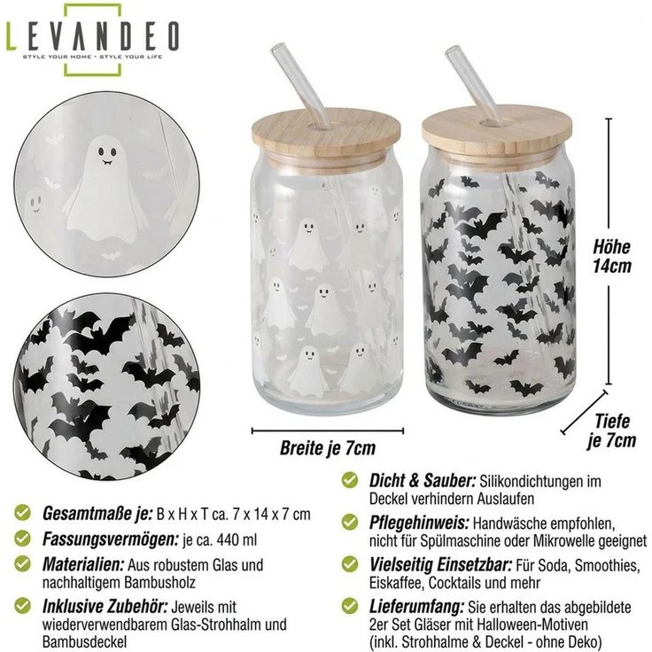 Levandeo® Glas, 2er Set Trinkglas 440ml Halloween Glas-Strohhalm Bambusdeckel – Bild 3