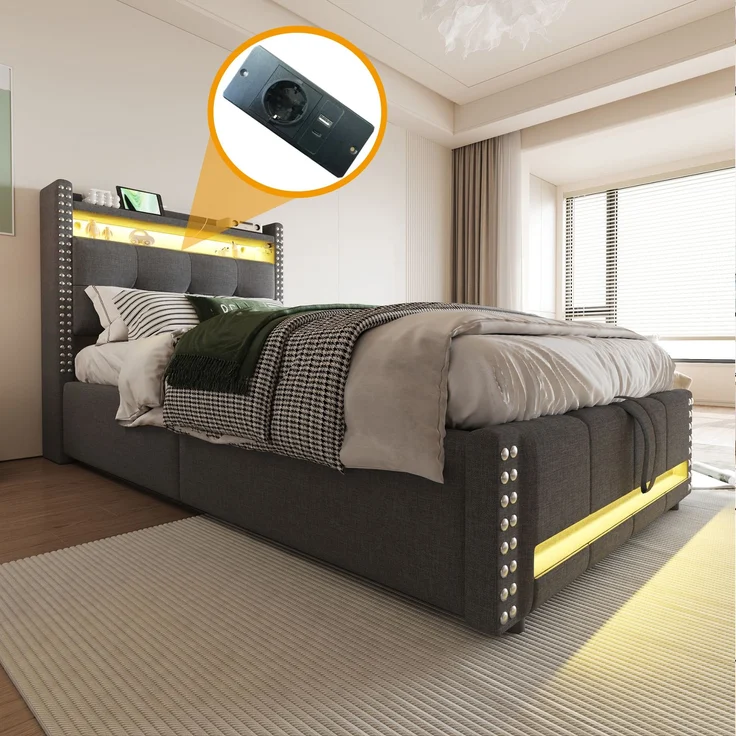EINHOM Polsterbett Kinderbett 90 x 200 cm mit LED-Beleuchtung und USB-Steckdose, Kopfteil mit Einlegeböden und Stauraum, mit Hydraulik für die Lagerung, Einzelbett, Leinenstoff Grau, (Ohne Matratze) – Bild 5