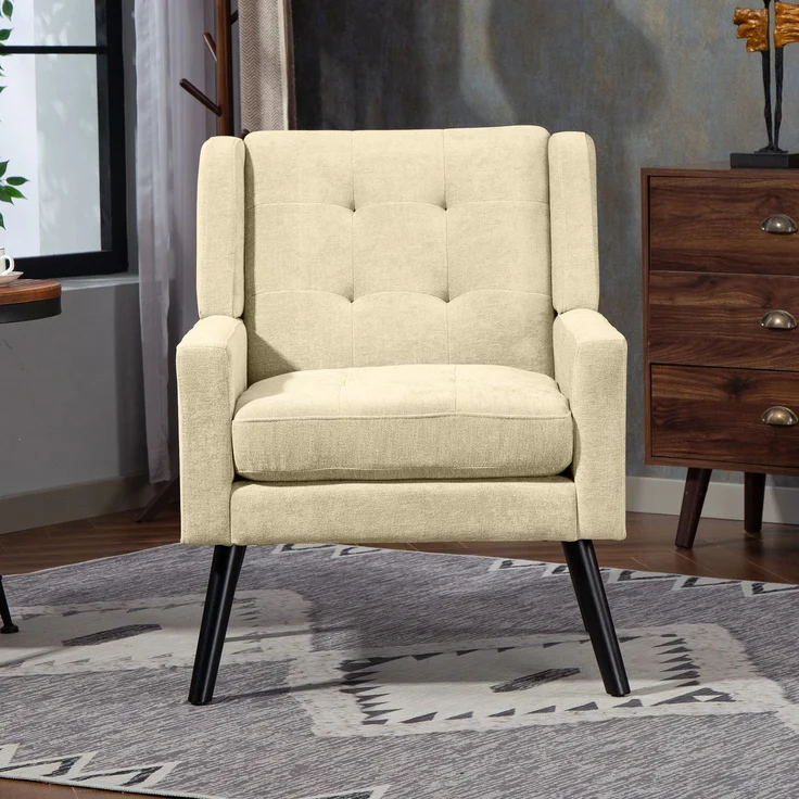 LVHOM Sessel aus Leinenstoff mit Knopfsteppung, Relaxsessel mit Massivholzbeinen, Polstersessel für Wohnzimmer & Büro, bis 130kg, Beige – Bild 6
