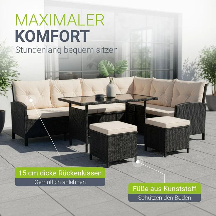 Juskys Polyrattan Lounge Manacor schwarz – Gartenlounge mit Sofa, Tisch, 2 Hocker & Kissen, inkl. Abdeckung – Gartenmöbel Set bis 8 Personen – Sitzbezüge in Creme – Bild 5