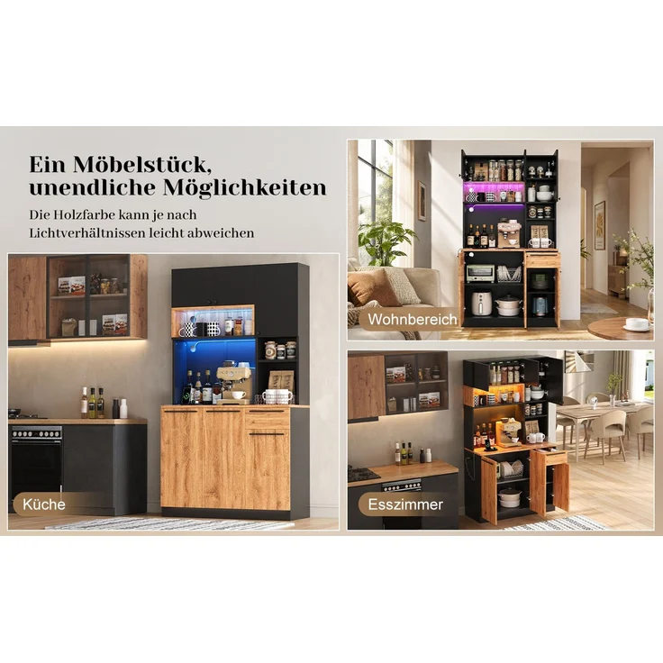 ZUBALIYA Buffetschrank 100x40x180 cm, mit LED-Beleuchtung, mit Steckdosen, mit 6 Türen, aus MDF, Natur – Bild 17