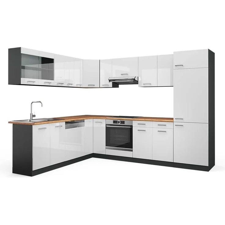 Eckküche R-Line Weiß Hochglanz/Anthrazit 287 x 227 cm, AP Eiche Vicco – Bild 1