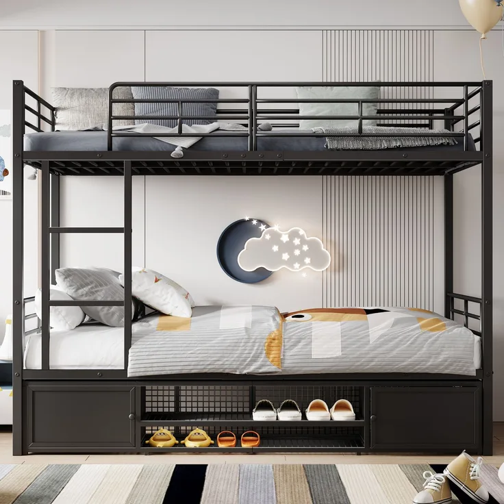 EINHOM Eisenrahmenbett, Etagenbett, Offener Schuhschrank, Doppeltüriger Kleiner Lagerschrank, Geeignet für Kinder und Jugendliche, mit Seitenleiter, mit Fallschutzgitter, Eisen, Schwarz, 90 x 200 cm (Ohne Matratze)
