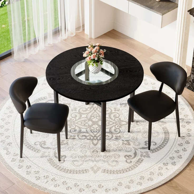 Minimalistisches Rundtisch-Set (mit 2 schwarzen Sesseln aus PU-Material und gebogener Komfortrückenlehne), runder Tisch mit 100 cm Durchmesser in schwarzer Holzoptik, geeignet für Wohnzimmer usw, Minimalistisches Rundtisch-Set (mit 2 schwarzen Sesseln ...