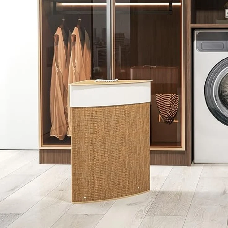 HOMCOM Wäschekorb 55 L Eckwäschekorb mit herausnehmbarem, waschbarem Innenbeutel (mit Deckel, 1 St, dreieckiger Wäschesammler aus Bambus), 35 x 35 x 60 cm, Braun – Bild 6