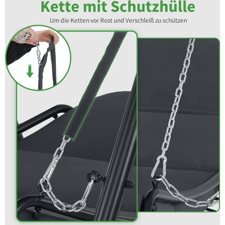 M MCombo Hollywoodschaukel mit Liegefunktion, Schaukelliege Outdoor, Gartenliege Wetterfest, Gartenschaukel mit Sonnendach & Extradickem Sitzkissen, Sonnenliege 167x155x173 cm, 8012 (grau) – Bild 7