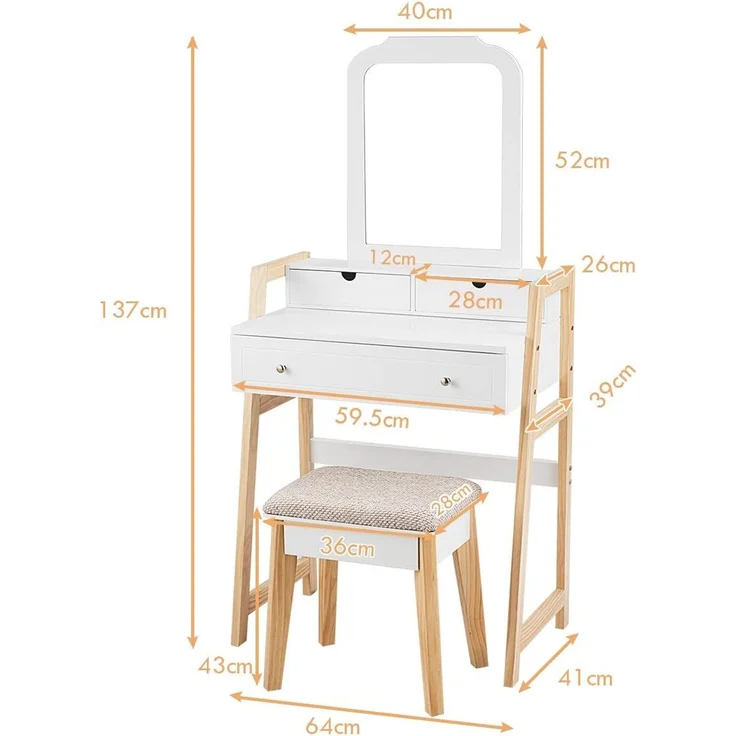 COSTWAY Schminktisch weiß/kiefer mit gepolstertem Hocker, 3 Schubladen und einstellbarem Spiegel – Bild 3