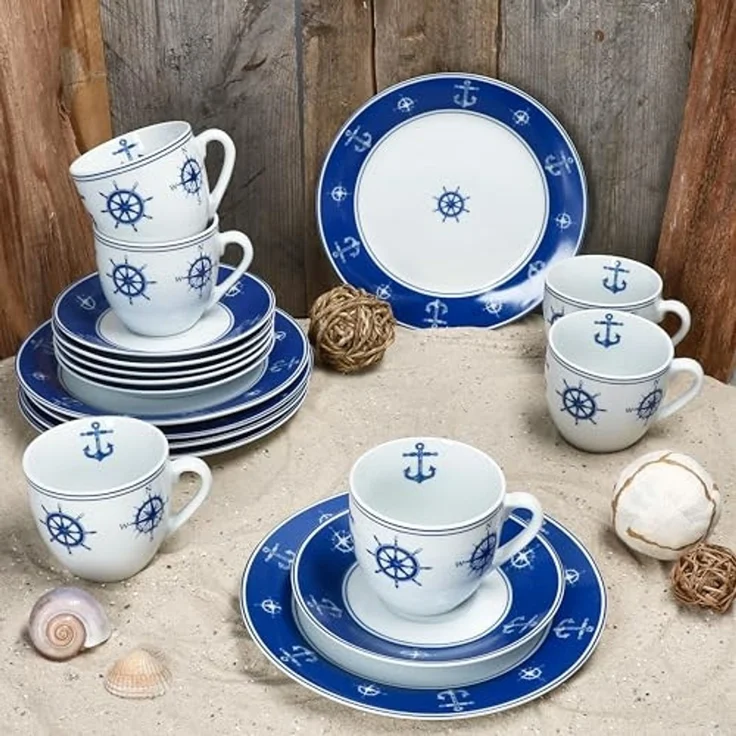 MamboCat Kaffeeservice Ahoi 18tlg Kaffeeservice Porzellan 6Pers Tasse Teller Anker nautisch, Porzellan – Bild 2