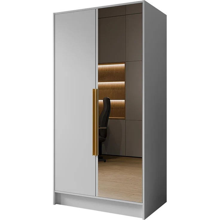 MEBLINI Kleiderschrank LUSINDA 100cm - Weiß Matt - mit goldfarbenen Griffen - Drehtürenschrank mit einem Spiegel - Kleiderstangen und Regalböden – Bild 1