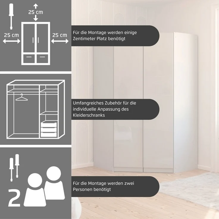 OTTO home Eckkleiderschrank Kleiderschrank Schrank Ankleidezimmer Schlafzimmer Garderobe AGORDO (in zwei Griff-Farben, Breite/Tiefe 117x117 cm, Höhen 210/229 cm) voll ausgestattet mit großzügigem Stauraum, 2 Höhen MADE IN GERMANY – Bild 3