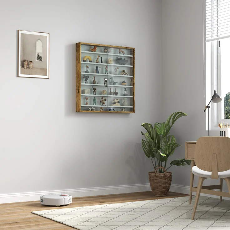 Wandvitrine für Sammlerstücke, 80 x 9,5 x 83 cm, 6 höhenverstellbare Böden, 2 Glasschiebetüren – Bild 4