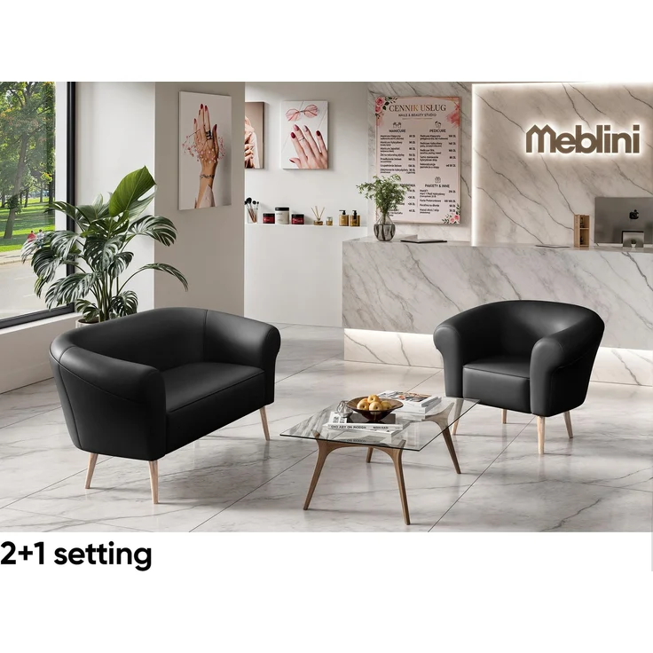 MEBLINI Sofa-Set EMILIA 2+1+1 - Schwarz Kunstleder - für Wohnzimmer - Mini Lounge für vier Personen - Küchensofa - Sofa Klein - Sitzgarnitur - Polstergarnitur - Sofagarnituren – Bild 5