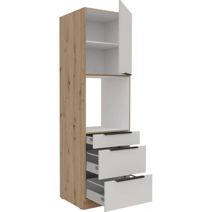 Küchen Hochschrank 60 cm SOLANO Kaschmir beige + Eiche Artisan matt Küchenzeile Küchenblock Küche – Bild 2
