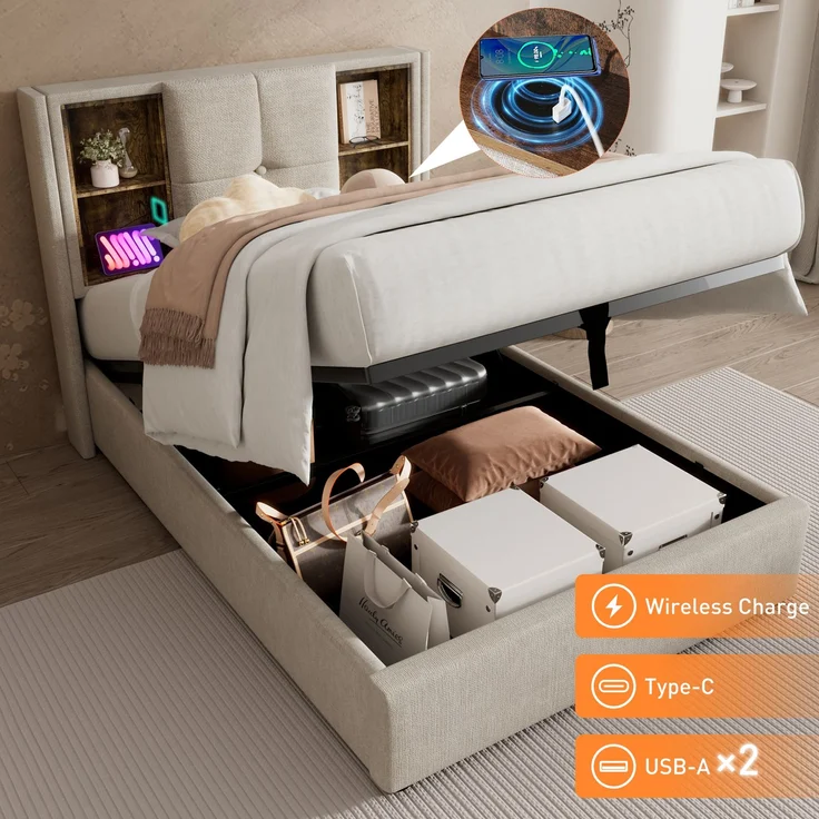 EINHOM Einzelbett 90x200cm mit Stauraum Lattenrost, Polsterbett mit Kabellosem Laden USB C, Leinen, Natürlich (Ohne Matratze) – Bild 2