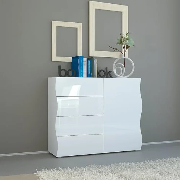 Dmora - Kommode Giuseppe, Küchen-Sideboard mit 4 Türen und 1 Schublade, Wohnzimmer-Buffet, 100 % Made in Italy, 90 x 40 x 81 cm, glänzendes Weiß, – Bild 2