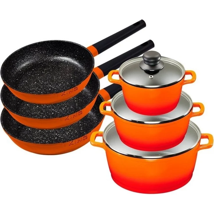 KING Topf-Set Shine Orange, Aluminiumguss (Set, 9-tlg, je 1 Kochtopf mit Deckel 18 /20/24 cm, je 1 Bratpfanne 20/24/28 cm), Induktion – Bild 3