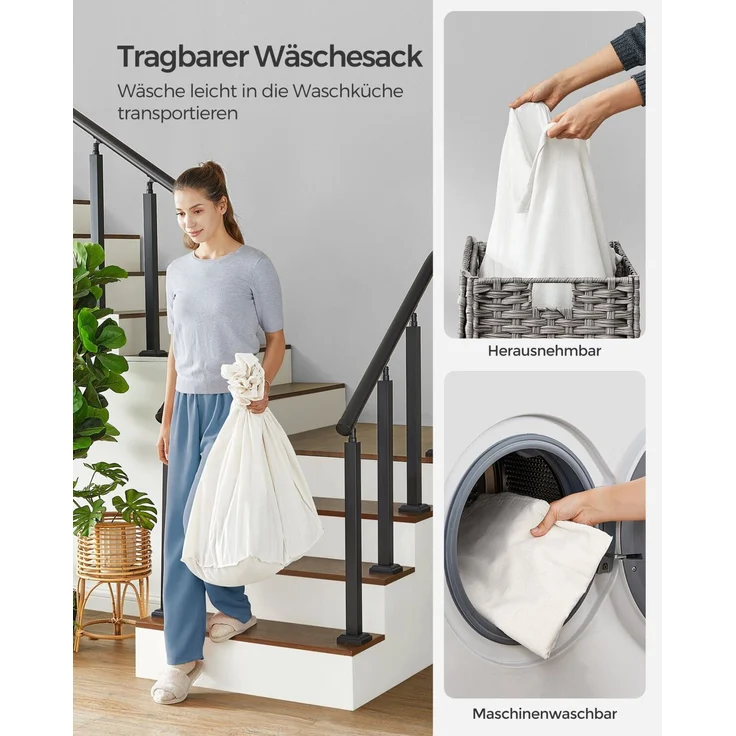 Songmics Wäschekorb handgeflochten mit 3 Fächern, Polyrattan Grau, 66 x 33 x 60 cm – Bild 3