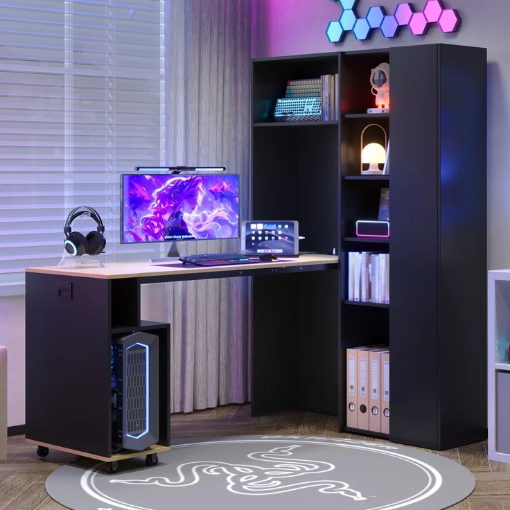 Klappbarer Schreibtisch mit Ablagen –2-in-1-Bücherregal und Schreibtisch, klappbar, mit Steckdose und USB-Anschluss, höhenverstellbare Ablagen, Kippschutz, Schreibtisch,Eck-Schreibtisch-rechts – Bild 3