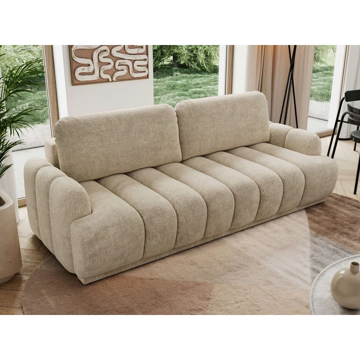 Schlafsofa ACCORDO 3-Sitzer mit Schlaffunktion, DL-Mechanismus, Wellenfederung & Massivholz, freistehend rundum bezogen - Beige Schenille grob gewebt – Bild 4