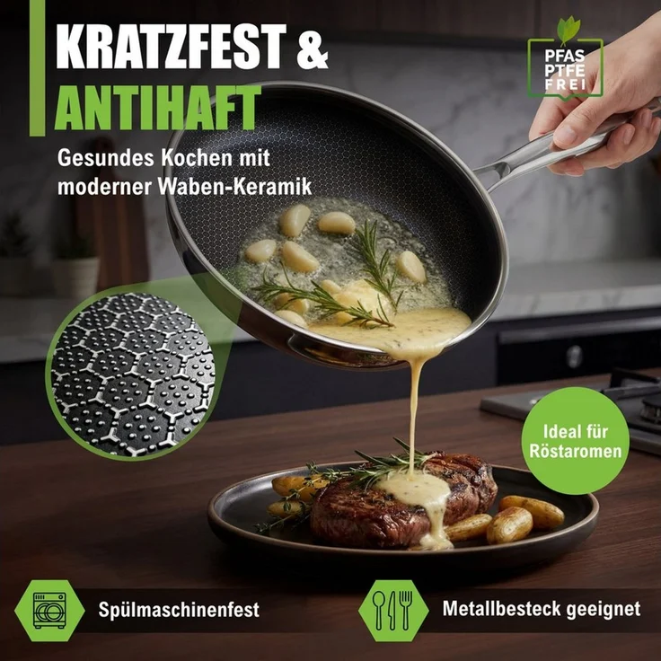 Morleos Bratpfanne 32 cm Keramik Pfanne Induktion Kratzfest Antihaft, Edelstahl (1-tlg, Pro Performance 3.0), 5-Schicht, 3mm, 1,67kg, backofenfest, spülmaschinengeeignet, Antihaft – Bild 4
