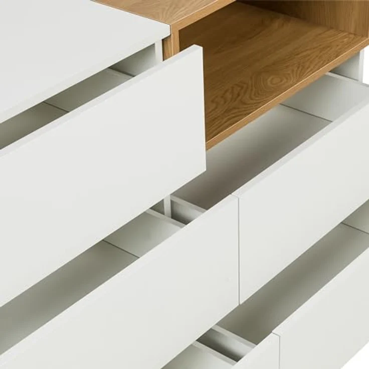 hjh LIVING Sideboard mit 5 Schubladen 120 x 40 x 76 cm MELMO S Schubladenkommode im skandinavischen Stil, griffloses Design, Weiß/Eiche – Bild 6