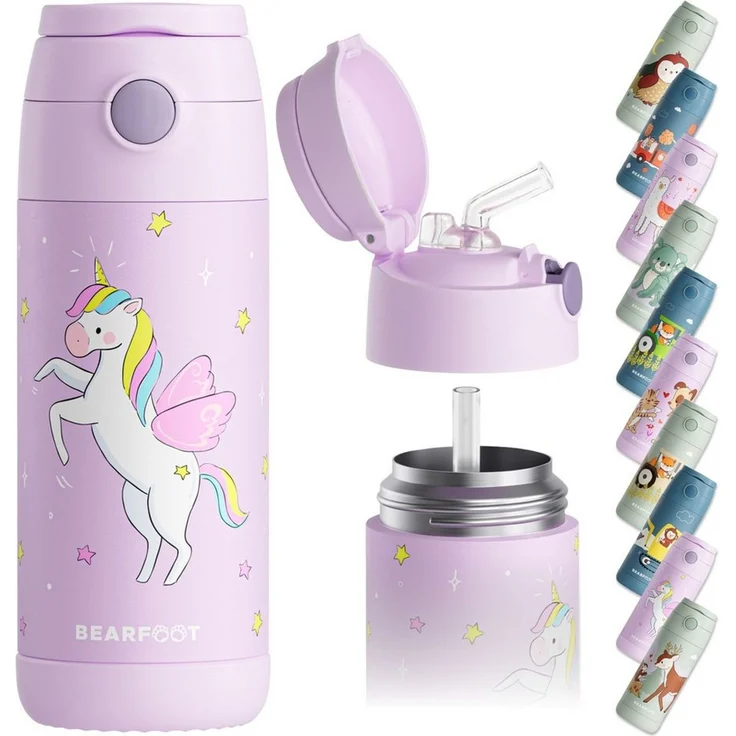 BEARFOOT Trinkflasche Thermo Kinder Trinkflasche Edelstahl - Einhorn lila, Thermosflasche, auslaufsicher, Edelstahl, Kinderflasche, BPA-frei – Bild 1