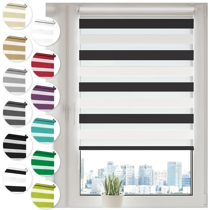Doppelrollo Klemmfix ohne Bohren 70x150 cm Schwarz/Weiß Duo Rollo Klemmrollo Sonnenschutzrollo Fensterrollo für Fenster & Türen Zebrarollo Seitenzugrollo – Bild 1