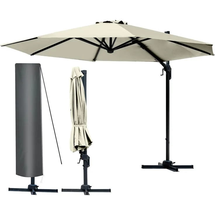 BRAST Alu Sonnenschirm Ampelschirm Ø300cm Beige Schützhülle UV-Schutz 50+ wasserabweisend drehbar & höhenverstellbar