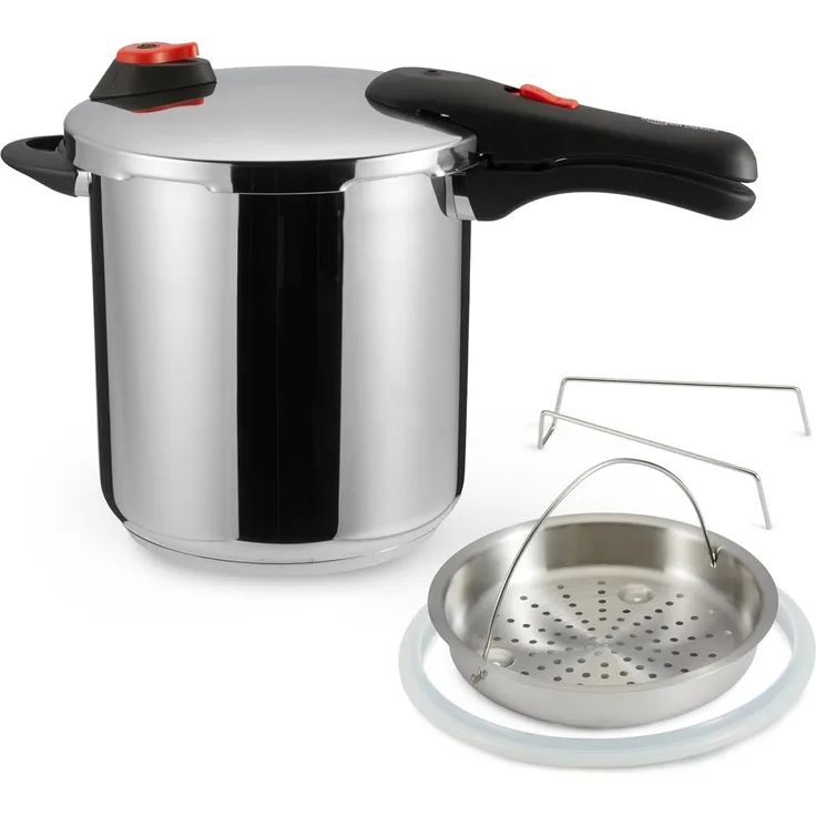 Amazon Basics – Schnellkochtopf aus Edelstahl, mit Dampfgarer und zusätzlichem Silikonring, 9 l, Stainless Steel