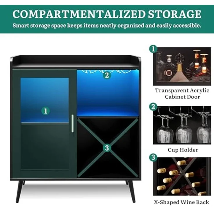 YITAHOME Kleiner Barschrank mit LED-Lichtern, Acryltür & Weinregal, Kaffeebar mit Getränkehaltern, Sideboard für Hausbar, Esszimmer, Wohnzimmer oder Küche, Schwarz – Bild 7