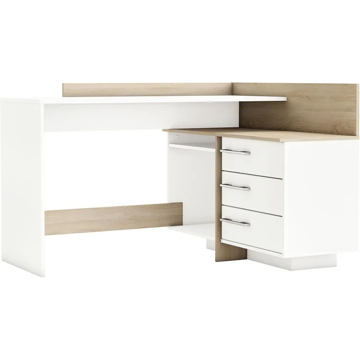 Eckschreibtisch >Thales< in Weiß / Sonoma-Eiche - 128.8x83.2x105.7cm (BxHxT)