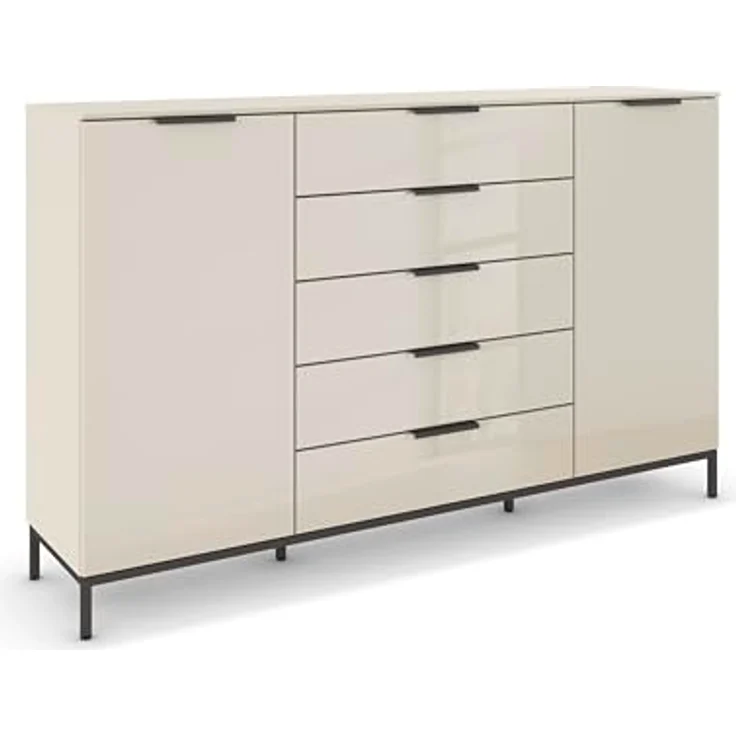 Rauch Möbel Flipp, Nachttisch für Schlafzimmer, Kinderzimmer, Wohnzimmer, Flur, Garderobe, 2-türig, 5 Schubladen, mit Softclose-Funktion, Griffe und Metallkufe Graphit, Farbe Glas Beige, Breite 180 cm – Bild 2
