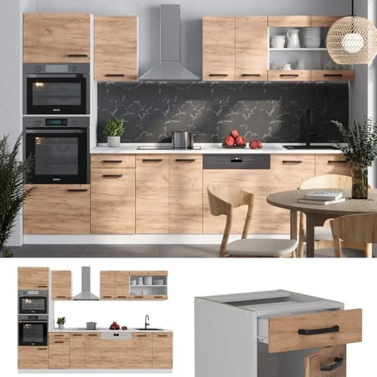 Küchenzeile R-Line Goldkraft Eiche/Weiß 300 cm AP Anthrazit Vicco – Bild 7