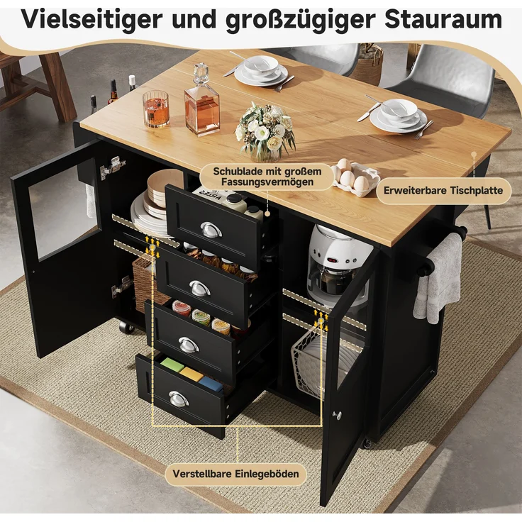 Multifunktionale Kücheninsel Schwarz 137,9×73×92,5 cm, Klapptisch, 4 Schubladen, Glastüren, Handtuch- & Gewürzregale, 92.5cmx137.9cmx45-73cm – Bild 5
