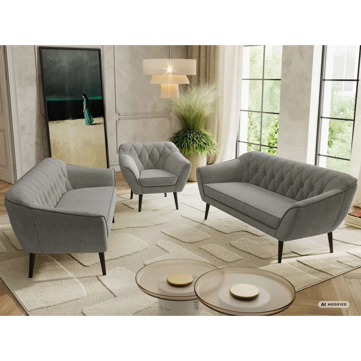 Wohnzimmerset, Möbelset PIRS 3-3-1, Armlehnen, Wellenfederung, schwarze Füße, Dreisitzer Sofas mit Sessel, Polstermöbel Set - Grau Stukture – Bild 5