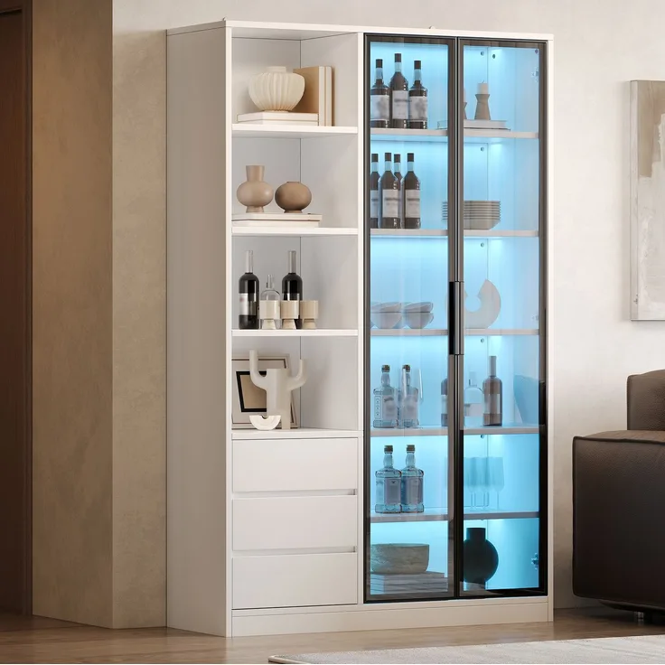 DESVIAE Sideboard Weiß aus MDF/PB – 100x160x35 cm – 3 Schubladen, LED-Beleuchtung