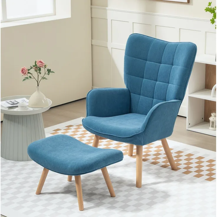 DESVIAE Sessel-Set 2-tlg. mit Hocker, Cordbezug, Buchenholzbeine, Blau, Sessel 80x101x72 cm
