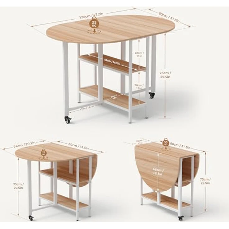 Mondeer Mobiler Klappbarer Esstisch, Klapptisch mit 2 Offenen Ablagen, Rundes Kanten Design, Kleine Räume Esszimmer Küche, 120 x 80 x 75 cm, Eiche und Weiß – Bild 3