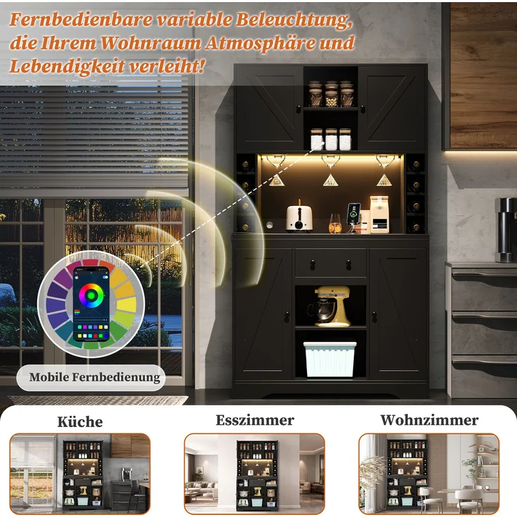 Merax 180cm Küchenschrank, Hochschrank, Weinschrank mit verstellbaren Einlegeböden, Schublade, Edelstahl-Weinglashalter, Weinflaschenfächern, farbwechselnder LED-Beleuchtung und Steckdosen, Schwarz – Bild 5