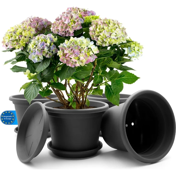 BigDean 4 Stück Blumentopf mit Untersetzer rund ø 20 cm Anthrazit – wetterfester Pflanzkübel Made in Europe – Bild 1