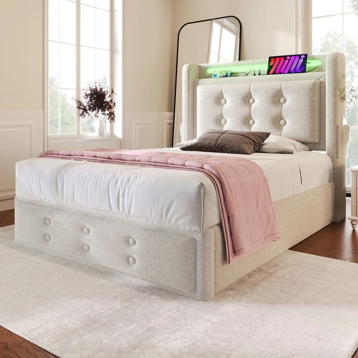 Einzelbett 90x200 cm mit Kopfteil, LED-Beleuchtung, USB Type-C Steckdose, Stauraum & Baumwoll-Leinenbezug,Beige – Bild 1