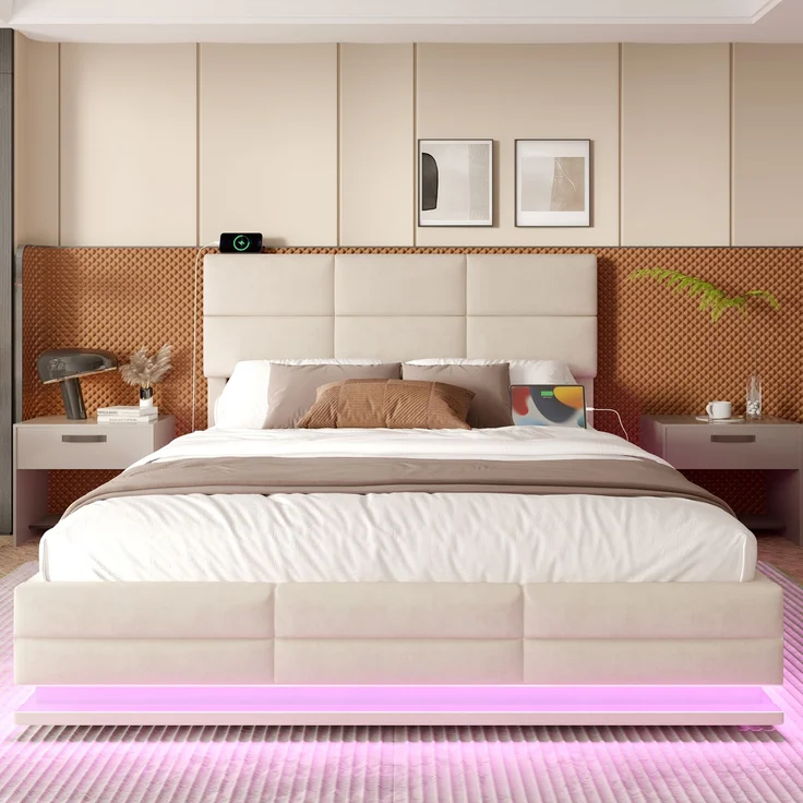 TavilaEcon Boxspringbett Modernes Polsterbett mit höhenverstellbarem Kopfteil & LED-Beleuchtung beige Liegefläche 180 × 200 cm – Bild 5
