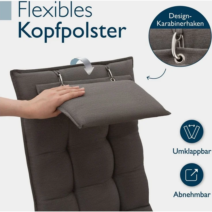 Beautissu Hochlehnerauflage Premium Hochlehner Auflage Kopfpolster Sun Sun-HL, 120x50cm, Taupe, Mit Kopfpolster, rutschfest & robust – Befestigungsbänder, UV 5 – Bild 4