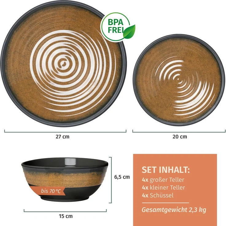Moritz Camping Tafelgeschirr aus Melamin für 4 Personen 12-teilig | spülmaschinenfest | Picknick Geschirrset | Geschirr Campinggeschirr I Stone Curry Design – Bild 2