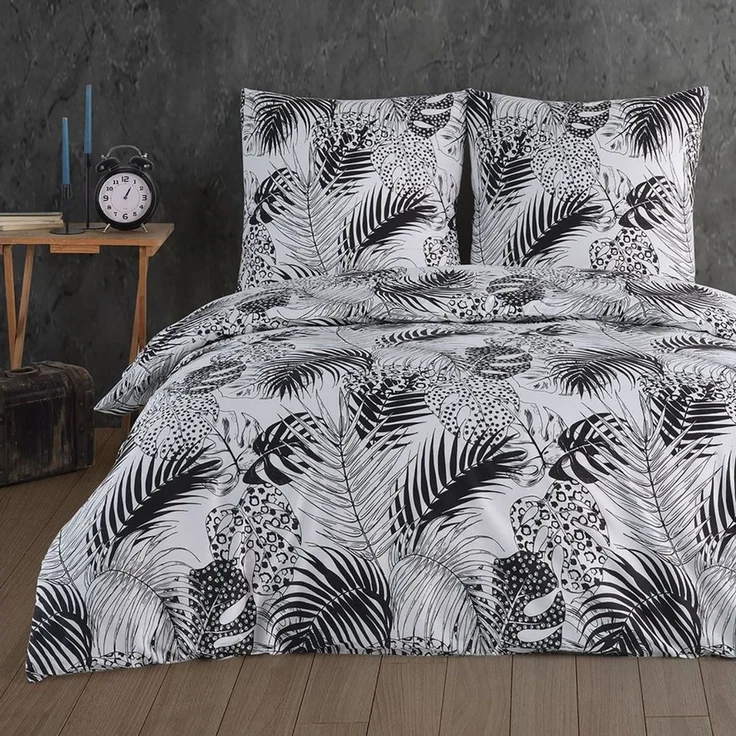 Buymax Bettwäsche Bettwäsche Bettbezug-Set Exotic, Renforce: 100% Baumwolle, 3 teilig, 200x200 cm, Reißverschluss Weiß Schwarz Palmenblätter Monstera Blätter – Bild 2