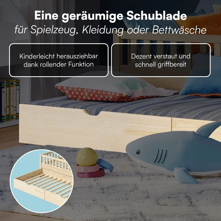 Bellabino 'Vils' Kinderbett 90x200 cm mit Gästebett 90x190 cm, natur, Kiefer Massivholz, Montessori Bett mit Ausziehbett, mit abnehmbarem Rausfallschutz und Lattenrost – Bild 4