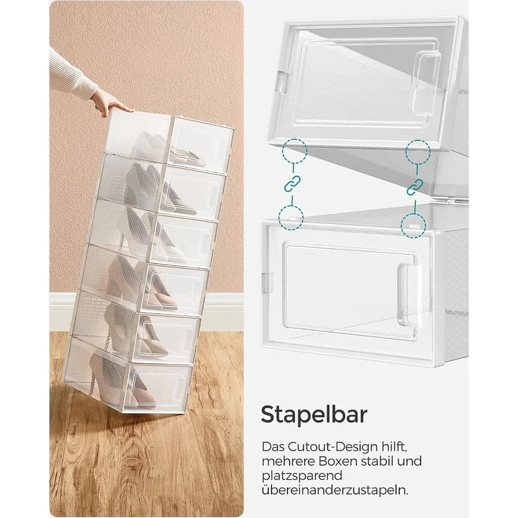 Songmics Schuhboxen, 12er Set, Schuh-Organizer aus Kunststoff, faltbar und stapelbar, für Schuhe bis Größe 44, transparent-weiß LSP12SWT – Bild 4