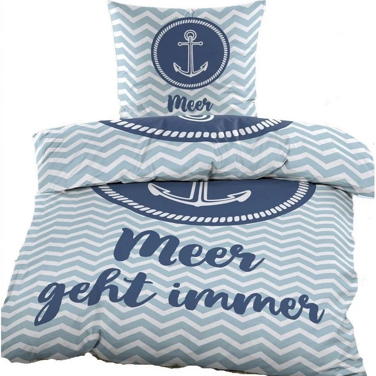 KH-Haushaltshandel Bettwäsche Renforce Bettwäsche, 135x200 + 80x80cm, Maritim, blau weiß, Renforcé, 100% Baumwolle, mit Anker + Schriftzug: Meer geht immer – Bild 3