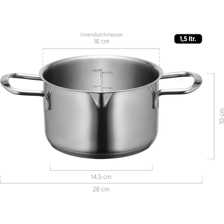 MÄSER Sanvito, Kochtopf 16 cm mit Glasdeckel und praktischem Ausgießer, kleiner Edelstahl Topf mit Siebdeckel und Literskala, geeignet für Induktion, Edelstahl 18/10 – Bild 3