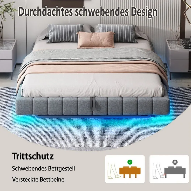 Odikalo Stauraumbett Polsterbett Hydraulisch Schwebebett LED Leinen Beige/Grau 140-180cm